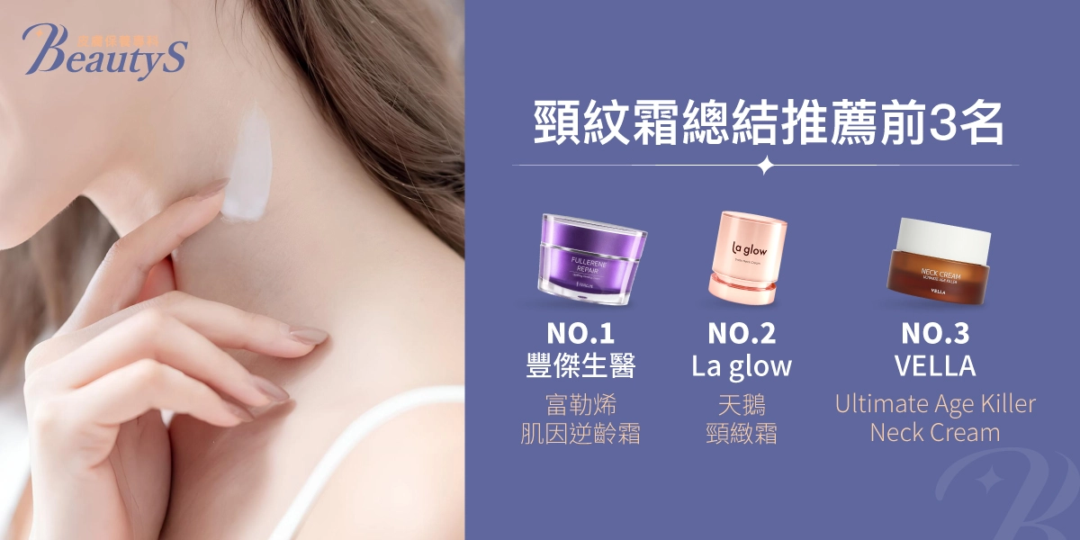 頸紋霜總結推薦前3名,豐傑生醫【富勒烯肌因逆齡霜】、La glow【天鵝頸緻霜】、VELLA【 Ultimate Age Killer Neck Cream】