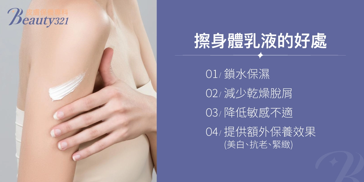 擦身體乳液的好處說明圖,包含鎖水保濕、減少乾燥脫屑、降低敏感不適、提供美白抗老等額外保養效果,搭配手臂塗抹乳液的示意照片。