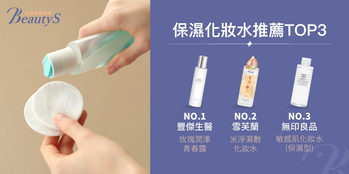 保濕化妝水推薦TOP 3：豐傑生醫《玫瑰潤澤青春露》、Cellina雪芙蘭《米淨濕敷化妝水》、MUJI無印良品《敏感肌化妝水(保濕型)》