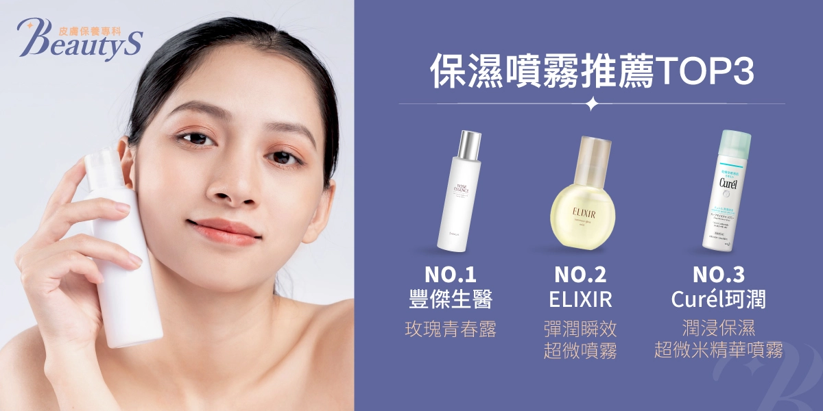 保濕噴霧推薦TOP 3，豐傑生醫《玫瑰青春露》、ELIXIR怡麗絲爾《彈潤瞬效超微噴霧》、Curél珂潤《潤浸保濕超微米精華噴霧》
