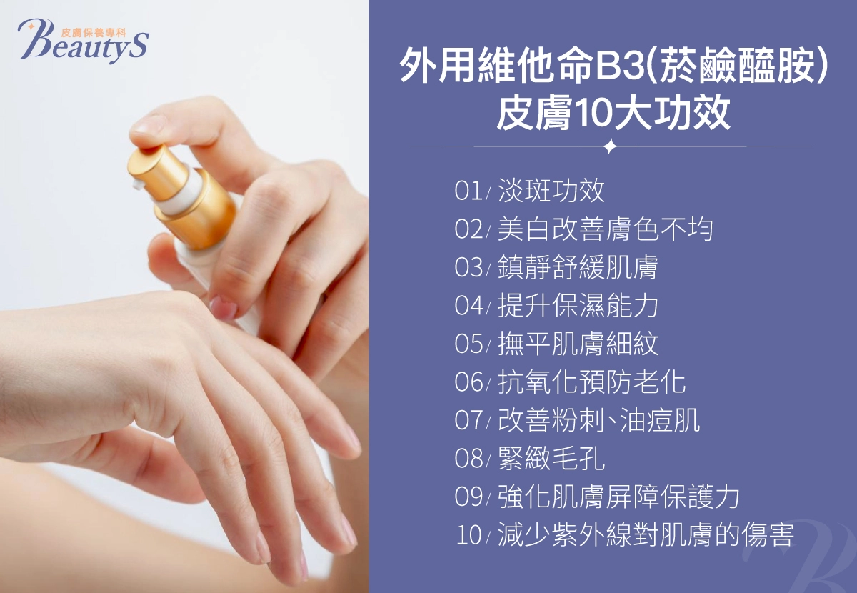 外用維他命B3（菸鹼醯胺）皮膚10大功效：淡斑功效、美白改善膚色不均、鎮靜舒緩肌膚、提升保濕能力、撫平肌膚細紋、抗氧化預防老化、改善粉刺、油痘肌、緊緻毛孔、強化肌膚屏障保護力、減少紫外線對肌膚的傷害