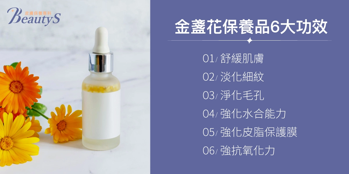 金盞花保養品6大功效:舒緩肌膚、淡化細紋、淨化毛孔、強化水合能力、強化皮脂保護膜、強抗氧化力