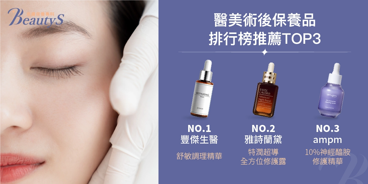 醫美術後保養品排行榜，總結推薦前3名！第一名：豐傑生醫【舒敏調理精華】,第二名：雅詩蘭黛【特潤超導全方位修護露】,第三名：ampm【10%神經醯胺修護精華】