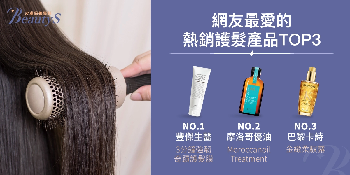 網友最愛的熱銷護髮產品TOP 3：NO.1 豐傑生醫《3分鐘強韌奇蹟護髮膜》、NO.2 摩洛哥優油《Moroccanoil Treatment》、NO.3 KERASTASE 巴黎卡詩《金緻柔馭露》